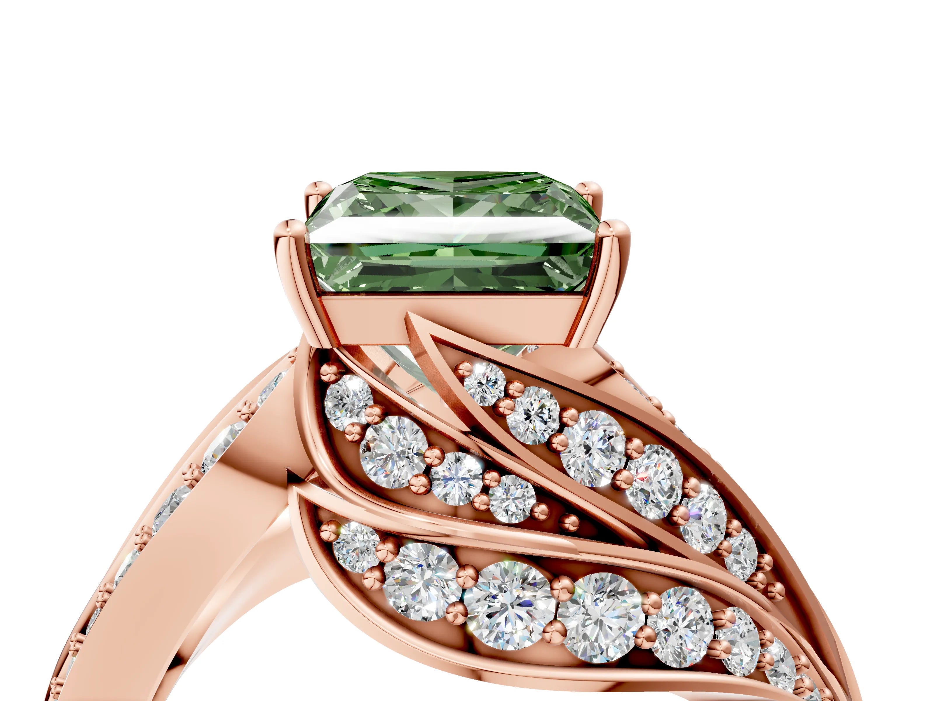 Rose gold Fancy Green Princess Cut Diamond Solitaire Ring with Prong Setting and Twisted Pavé Band_4