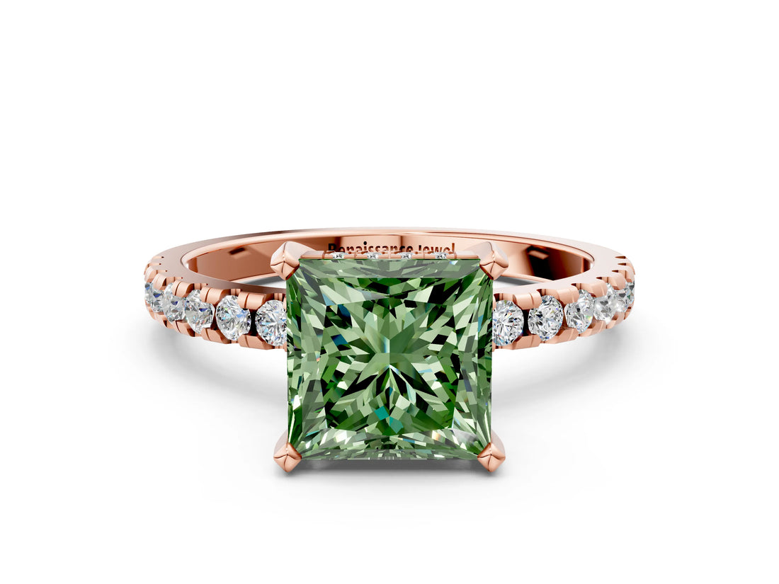 Rose gold Fancy Green Princess Cut Diamond Solitaire Ring with Round  Pavé Band and Four-Prong Setting_36