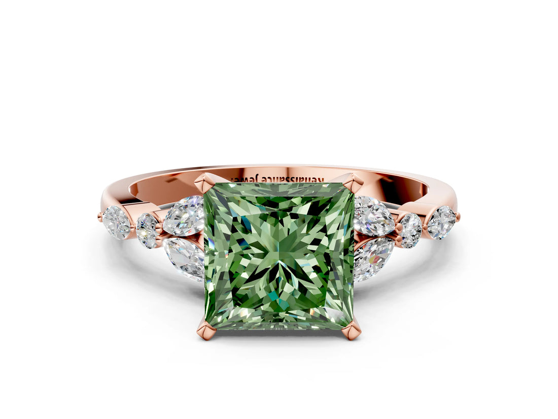 Rose gold Fancy Green Princess Cut Diamond Solitaire Ring with Side Stones and Four-Prong Setting_17