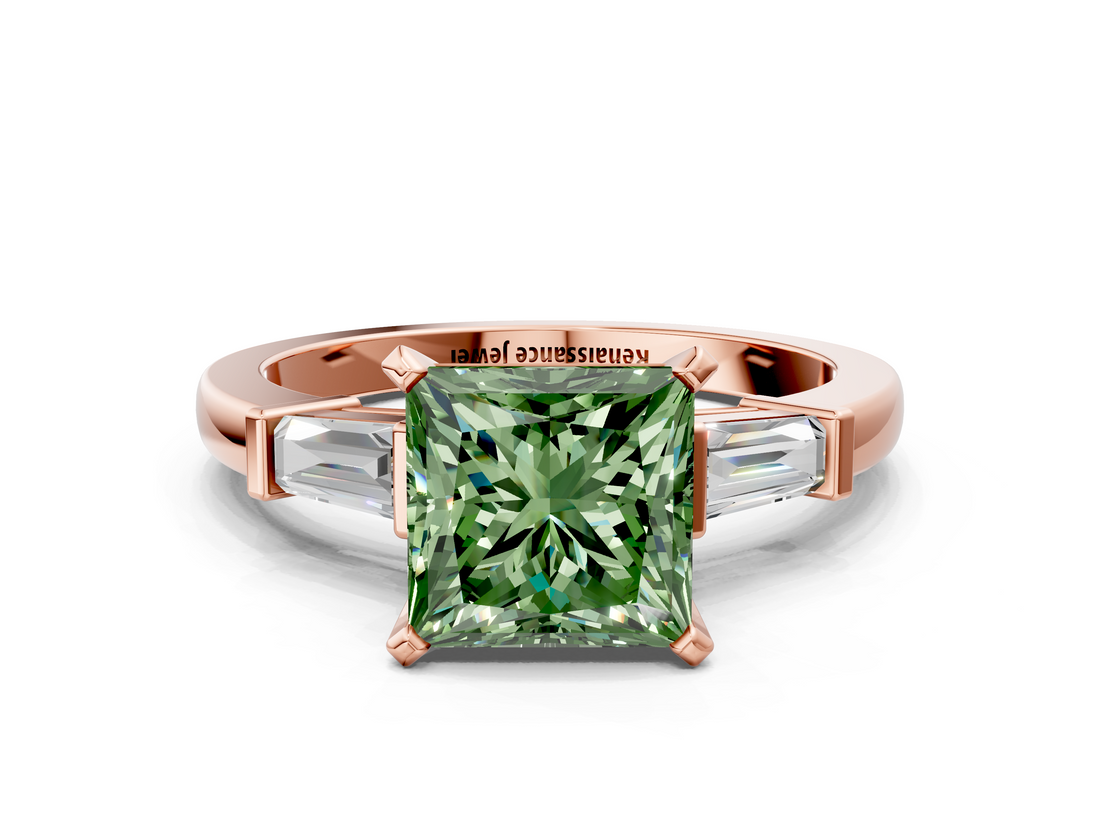 Rose gold Fancy Green Princess  Cut Diamond Solitaire Ring with Tapered Baguette Accents and Four-Prong Setting