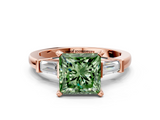 Rose gold Fancy Green Princess  Cut Diamond Solitaire Ring with Tapered Baguette Accents and Four-Prong Setting