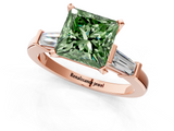 Rose gold Fancy Green Princess  Cut Diamond Solitaire Ring with Tapered Baguette Accents and Four-Prong Setting_1