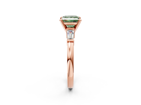 Rose gold Fancy Green Princess  Cut Diamond Solitaire Ring with Tapered Baguette Accents and Four-Prong Setting