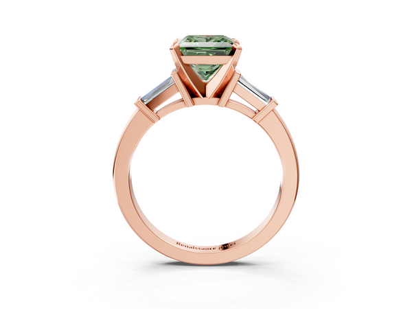 Rose gold Fancy Green Princess  Cut Diamond Solitaire Ring with Tapered Baguette Accents and Four-Prong Setting