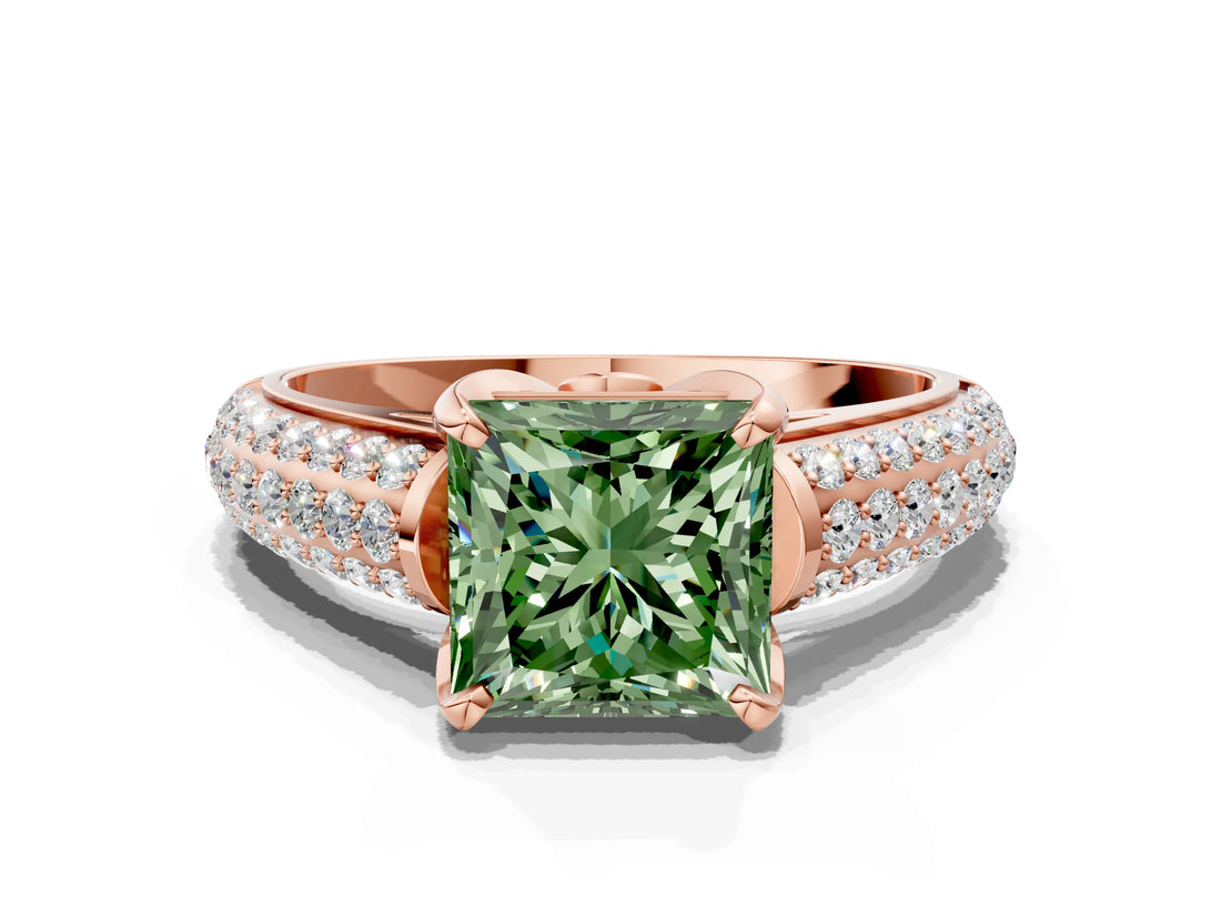 Rose gold Fancy Green Princess Cut Diamond Solitaire Ring with Three-Row Pavé Band and Four-Prong Setting_17