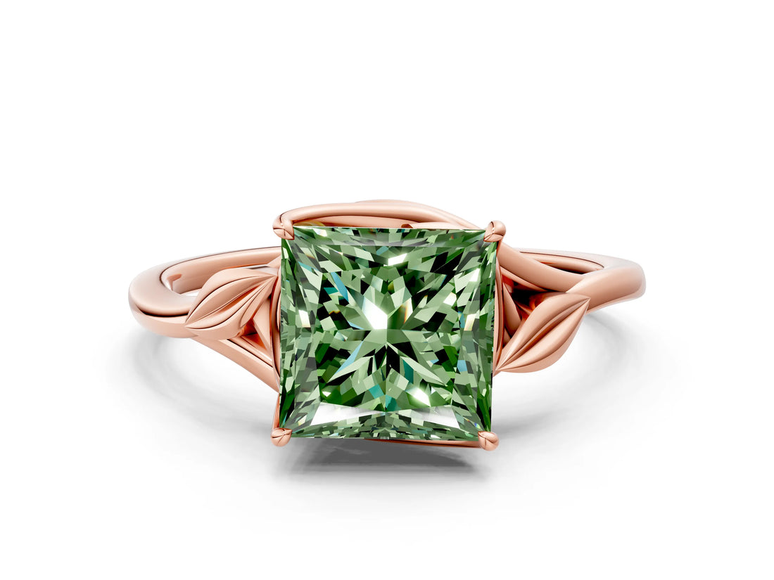 Rose gold Fancy Green Princess Cut Diamond Solitaire Ring with Twist Band and Four-Prong Setting_29