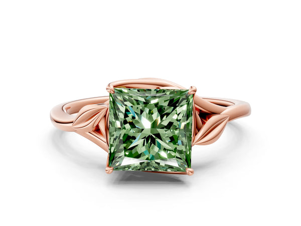 Rose Gold Princess Cut Leaf Bypass Solitaire Engagement Ring Setting for Fancy Green Center