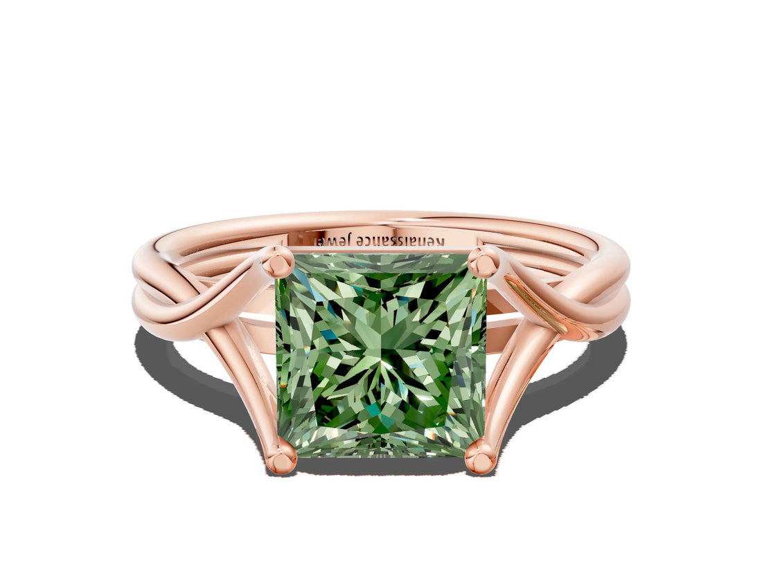 Rose gold Fancy Green Princess Cut Diamond Solitaire Twist Band Prong Setting Ring_67
