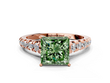 Rose gold Fancy Green Princess  Cut Diamond Solitaire with Pave Band and Four-Prong Setting
