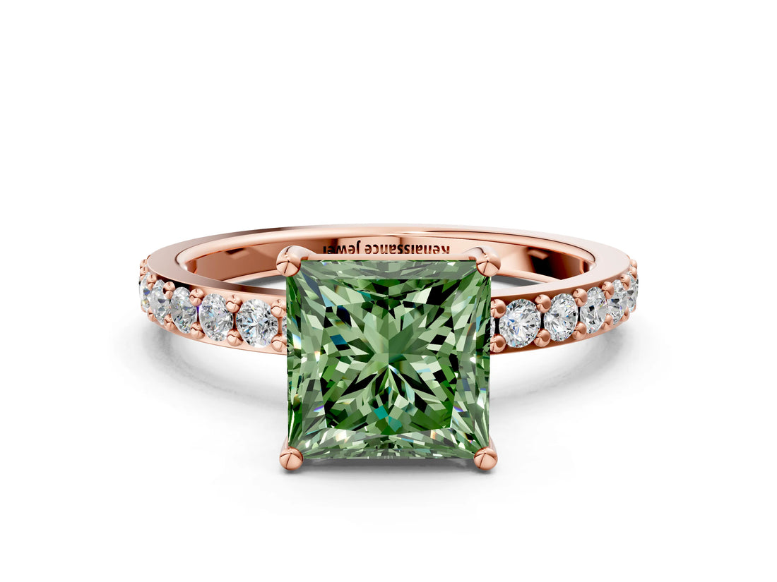 Rose gold Fancy Green Princess  Cut Diamond Solitaire with Pave Band and Four-Prong Setting