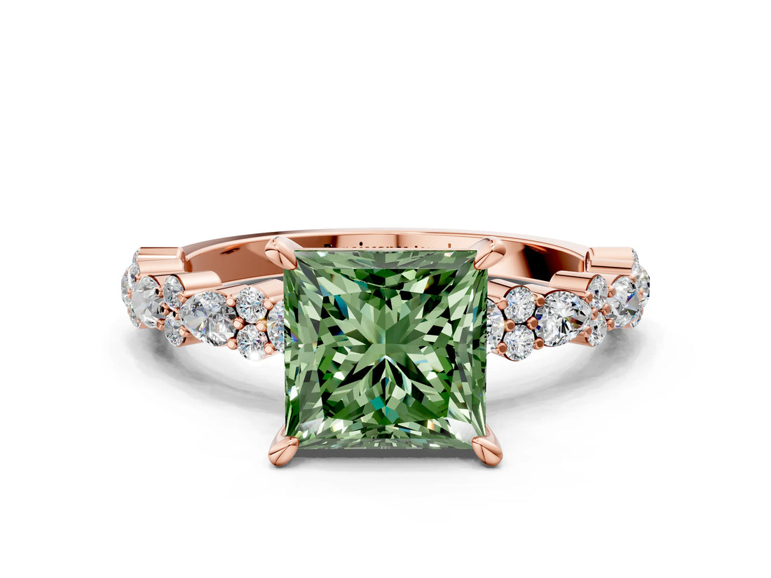 Rose gold Fancy Green Princess Cut Diamond Solitaire with Side Stones, Pave Band, Four-Prong Setting_29
