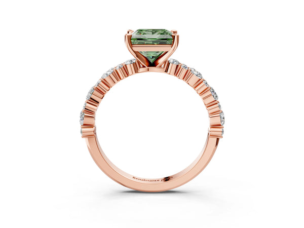 Rose Gold Princess Cut Pear Side Stone Engagement Ring Setting for Fancy Green Center