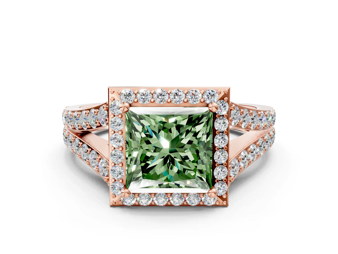 Rose gold Fancy Green Princess Cut Diamond Split Shank Halo Ring with Four-Prong Setting_22