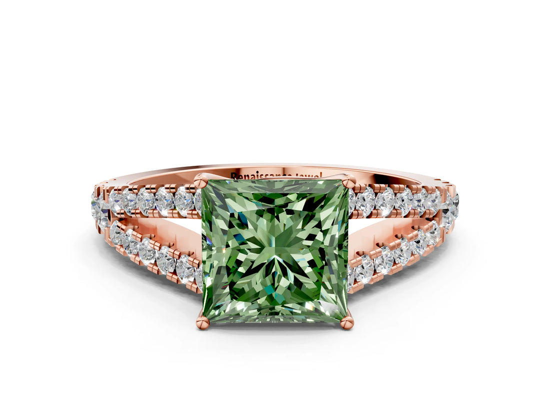 Rose gold Fancy Green Princess Cut Diamond Split Shank Pavé Engagement Ring with Four-Prong Setting_18