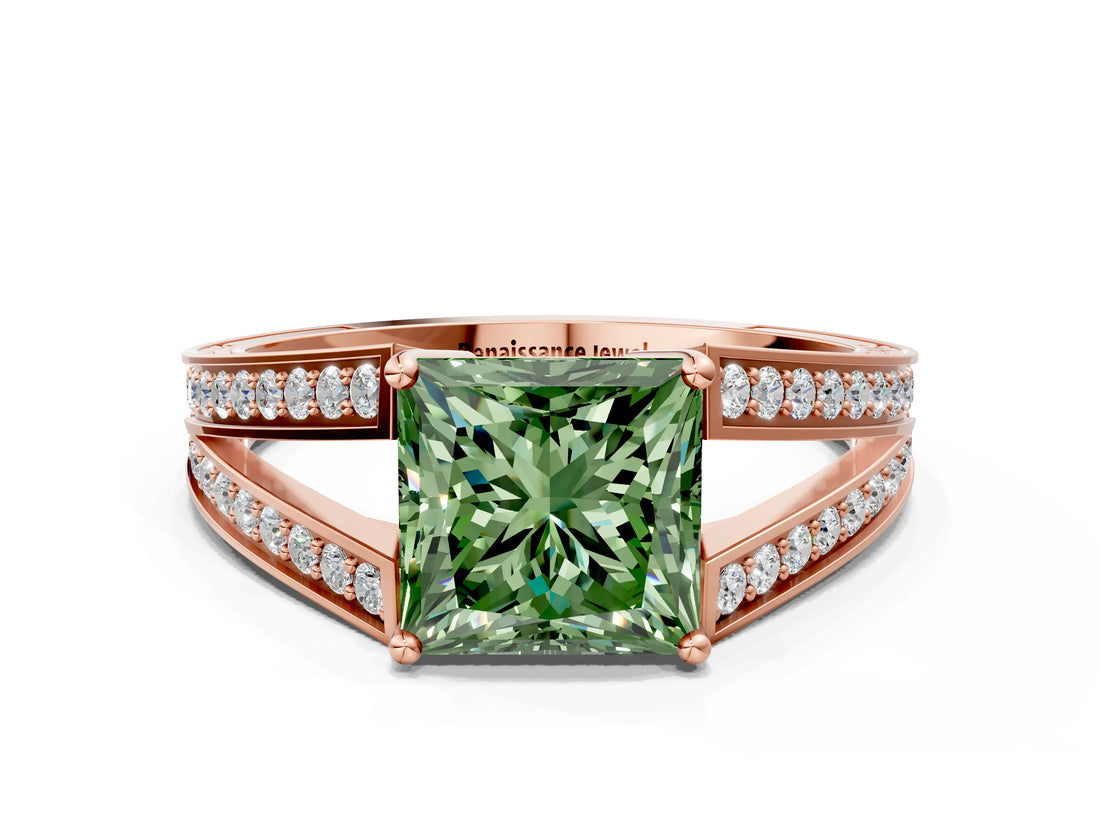 Rose gold Fancy Green Princess Cut Diamond Split Shank Ring with Pavé Band and Four-Prong Setting_17