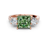 Rose gold Fancy Green Princess Cut Diamond Three-Stone Engagement Ring with Prong Setting and Pavé Band