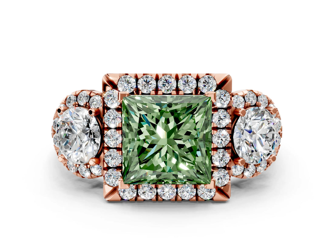 Rose gold Fancy Green Princess Cut Diamond Three-Stone Halo Ring with Prong Setting and Pavé Accents