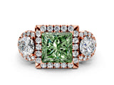 Rose gold Fancy Green Princess Cut Diamond Three-Stone Halo Ring with Prong Setting and Pavé Accents