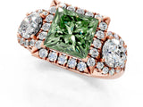 Rose gold Fancy Green Princess Cut Diamond Three-Stone Halo Ring with Prong Setting and Pavé Accents_1