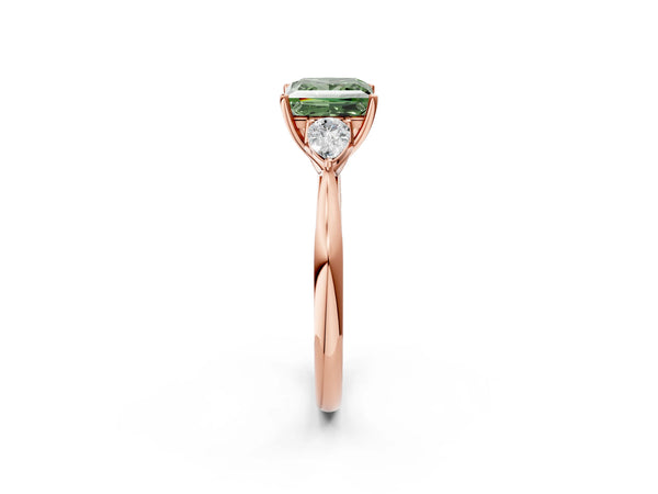 Rose Gold Princess Cut Three Stone Pear Side Engagement Ring Setting for Fancy Green Center