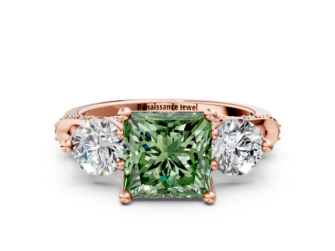 Rose gold Fancy Green Princess Cut Diamond Three-Stone Ring with Prong Setting and Pavé Band