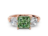 Rose gold Fancy Green Princess Cut Diamond Three-Stone Ring with Prong Setting and Pavé Band