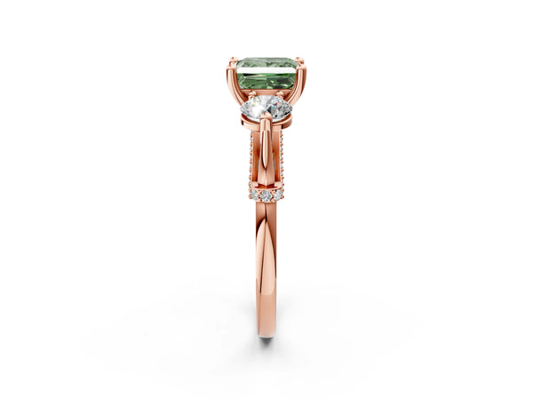 Rose Gold Princess Cut Curved Pave Three Stone Engagement Ring Setting for Fancy Green Center