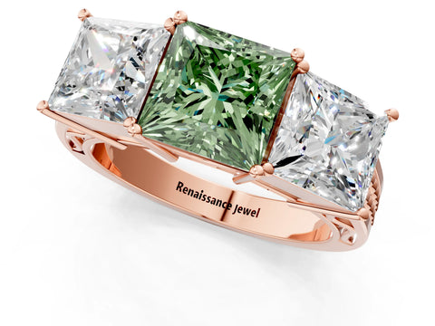 Rose gold Fancy Green Princess Cut Diamond Three-Stone Ring with Prong Setting and Textured Band_1