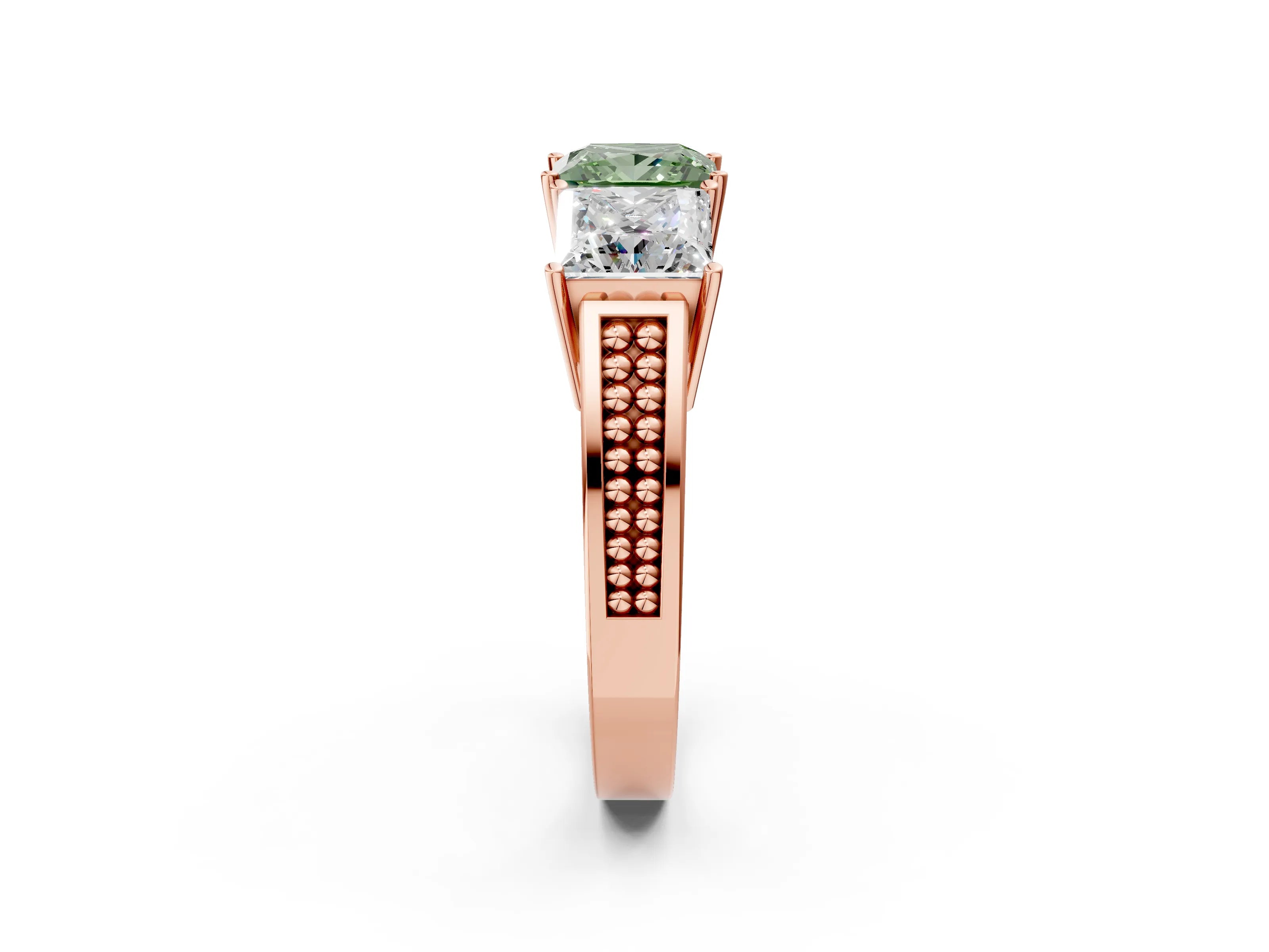 Rose gold Fancy Green Princess Cut Diamond Three-Stone Ring with Prong Setting and Textured Band_2