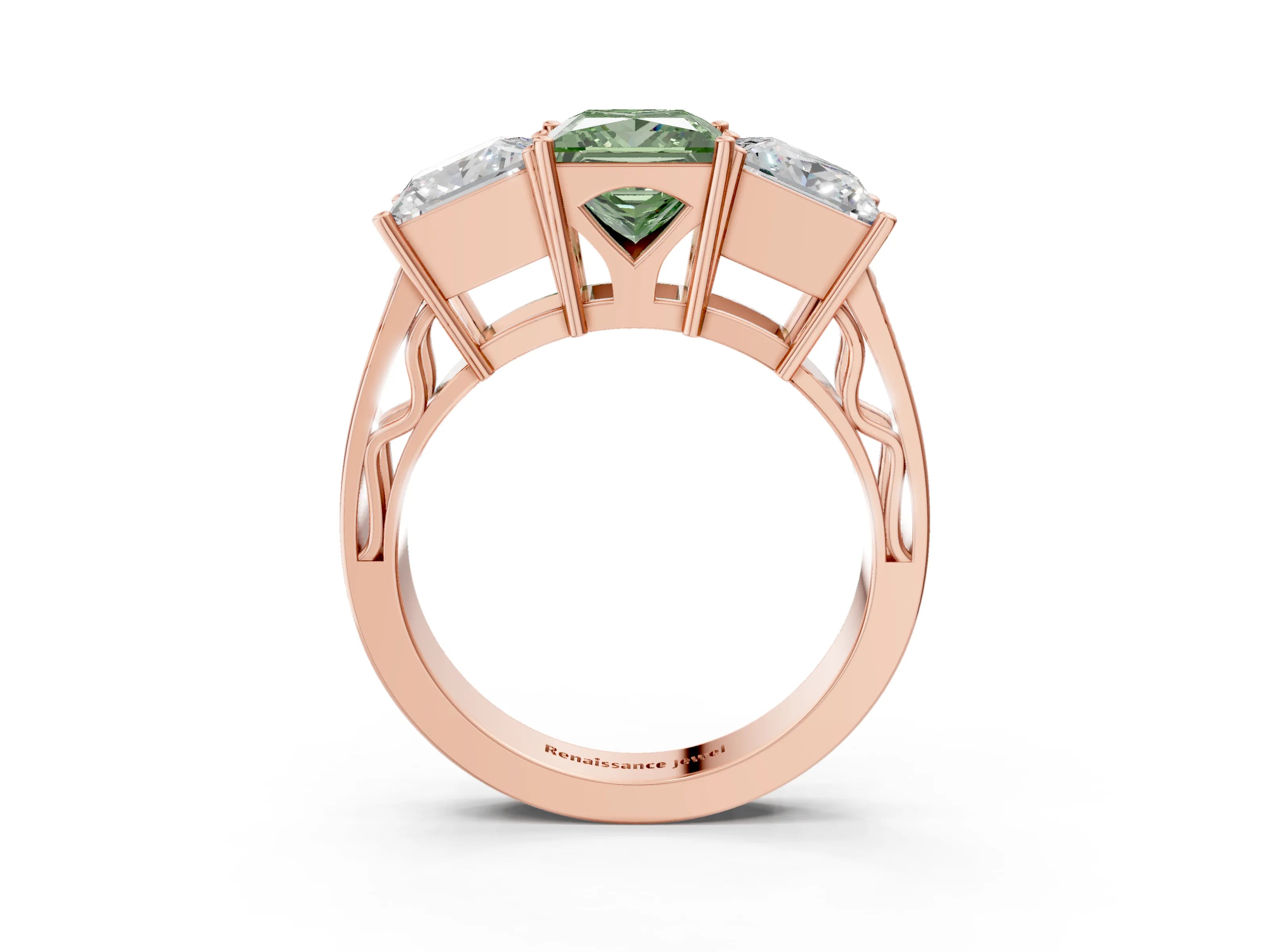 Rose gold Fancy Green Princess Cut Diamond Three-Stone Ring with Prong Setting and Textured Band_3