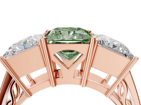 Rose gold Fancy Green Princess Cut Diamond Three-Stone Ring with Prong Setting and Textured Band_4