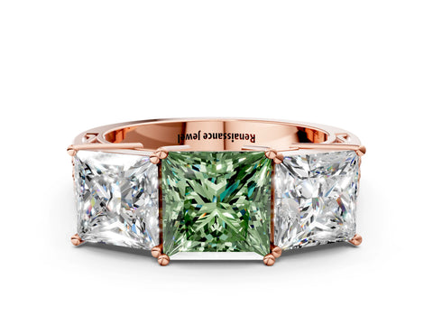 Rose gold Fancy Green Princess Cut Diamond Three-Stone Ring with Prong Setting and Textured Band