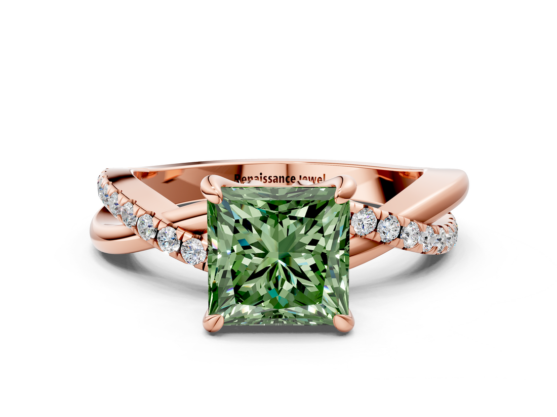 Rose gold Fancy Green Princess  Cut Diamond Twist Band Solitaire with Prong Setting