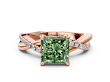 Rose gold Fancy Green Princess  Cut Diamond Twist Band Solitaire with Prong Setting