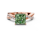 Rose gold Fancy Green Princess  Cut Diamond Twisted Band with Pavé Setting and Four-Prong Setting