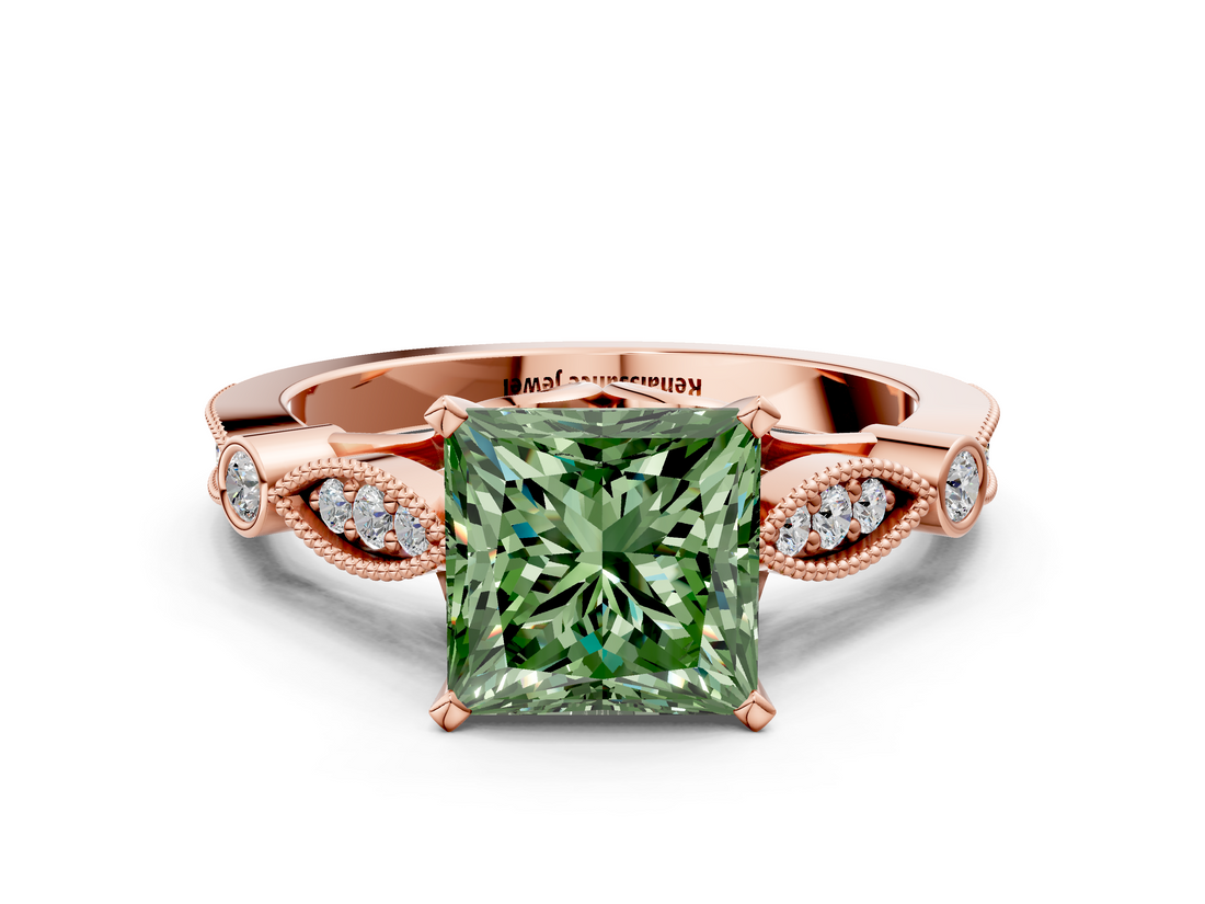 Rose gold Fancy Green Princess  Cut Diamond with Milgrain Marquise and Bezel Accents on a Solitaire Band with Prong Setting