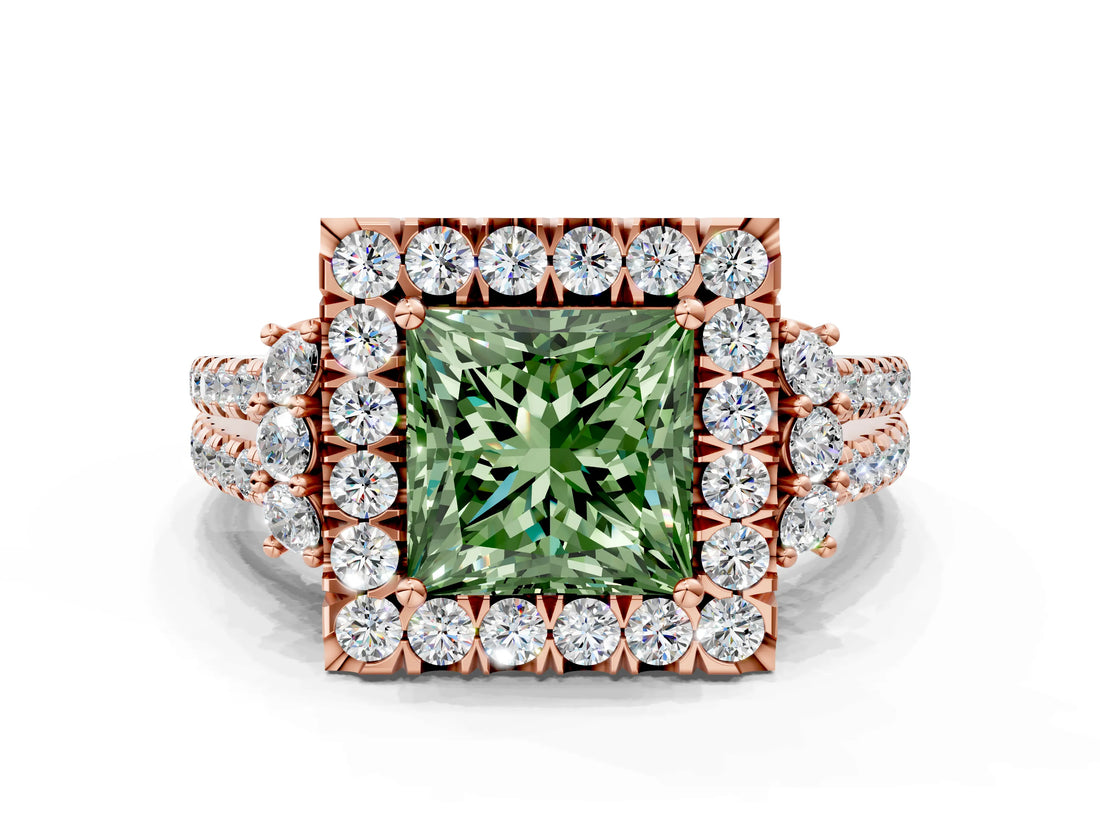 Rose gold Fancy Green Princess  Cut Double Halo Diamond Engagement Ring with Pave Band and Four-Prong Setting_43