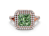 Rose gold Fancy Green Princess  Cut Double Halo Split Shank Diamond Ring with Prong Setting_29