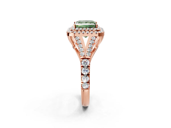 Rose gold Fancy Green Princess  Cut Double Halo Split Shank Diamond Ring with Prong Setting