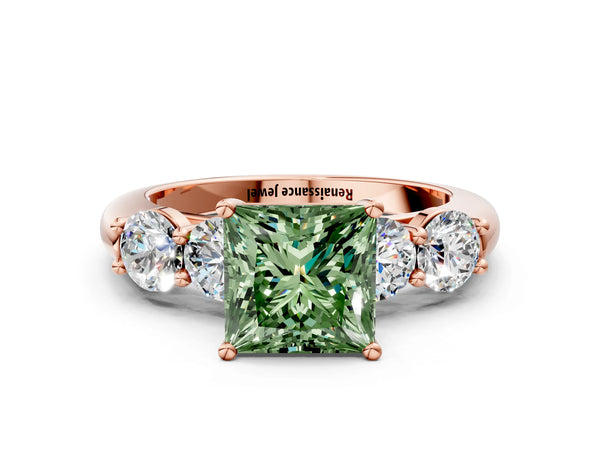 Rose gold Fancy Green Princess  Cut Five-Stone Prong Set Diamond Ring with Classic Band