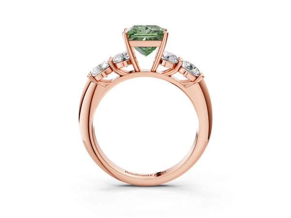 Rose gold Fancy Green Princess  Cut Five-Stone Prong Set Diamond Ring with Classic Band