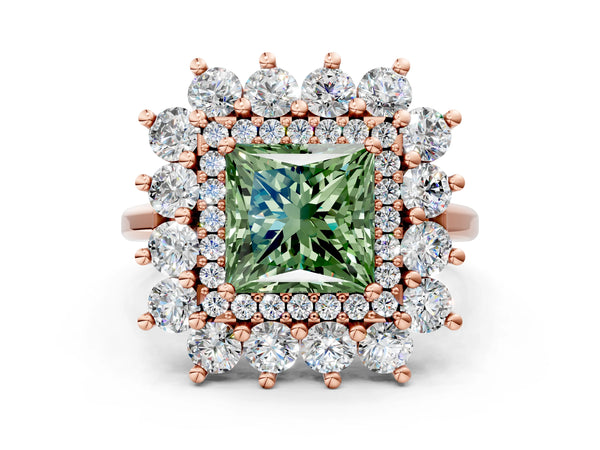 Rose gold Fancy Green Princess Cut Halo Cluster Diamond Ring with Pave Band and Four-Prong Setting