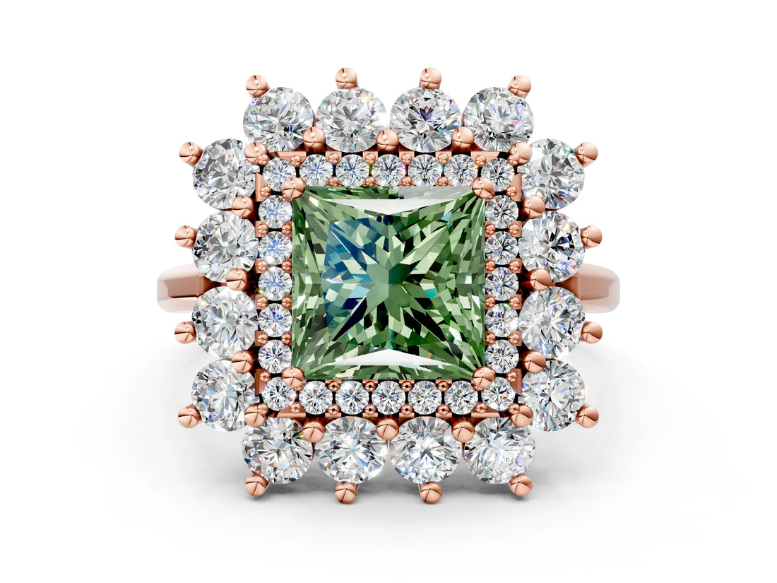 Rose gold Fancy Green Princess Cut Halo Cluster Diamond Ring with Pave Band and Four-Prong Setting_12