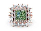 Rose gold Fancy Green Princess Cut Halo Cluster Diamond Ring with Pave Band and Four-Prong Setting_12