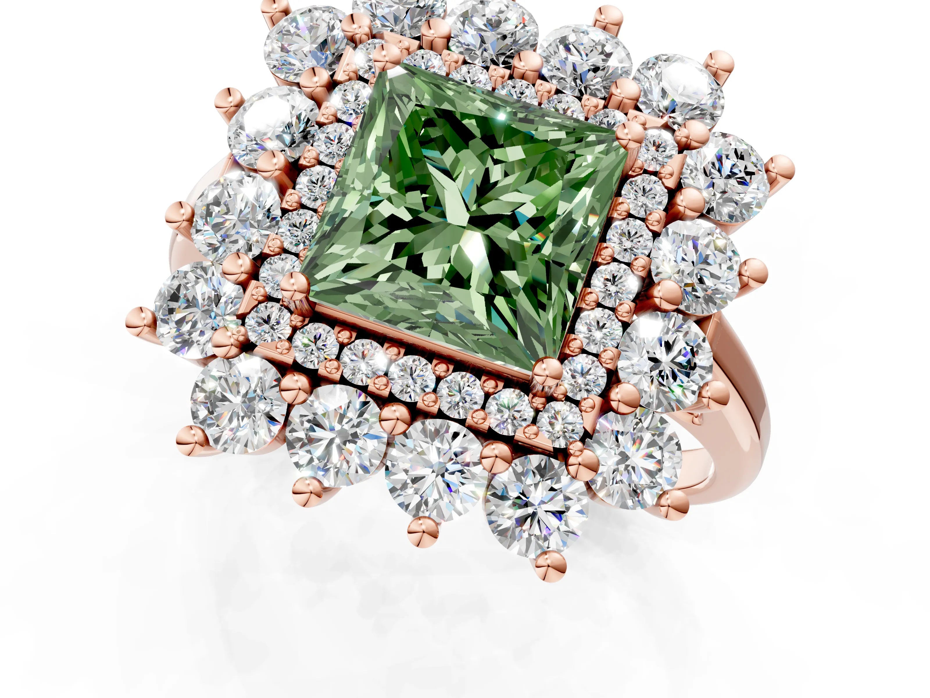 Rose gold Fancy Green Princess Cut Halo Cluster Diamond Ring with Pave Band and Four-Prong Setting_13