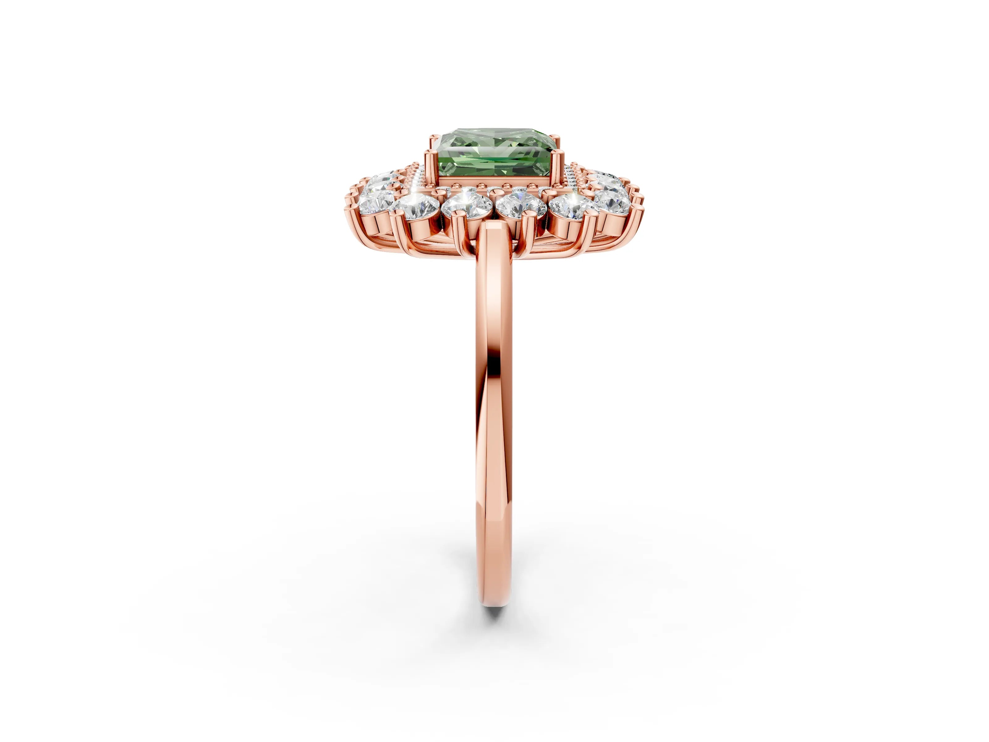 Rose gold Fancy Green Princess Cut Halo Cluster Diamond Ring with Pave Band and Four-Prong Setting_14