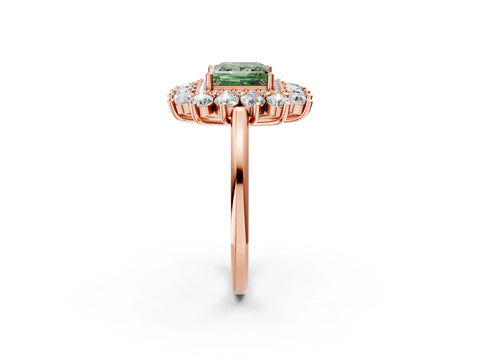 Rose gold Fancy Green Princess Cut Halo Cluster Diamond Ring with Pave Band and Four-Prong Setting_14