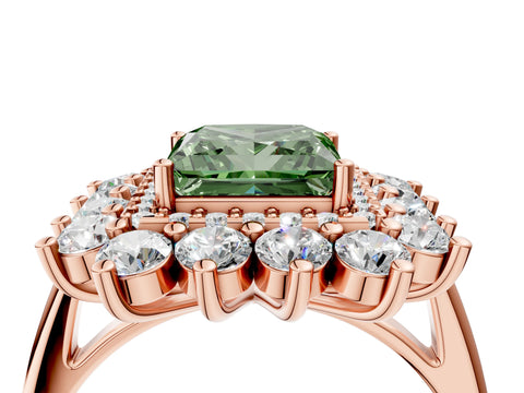 Rose gold Fancy Green Princess Cut Halo Cluster Diamond Ring with Pave Band and Four-Prong Setting_16