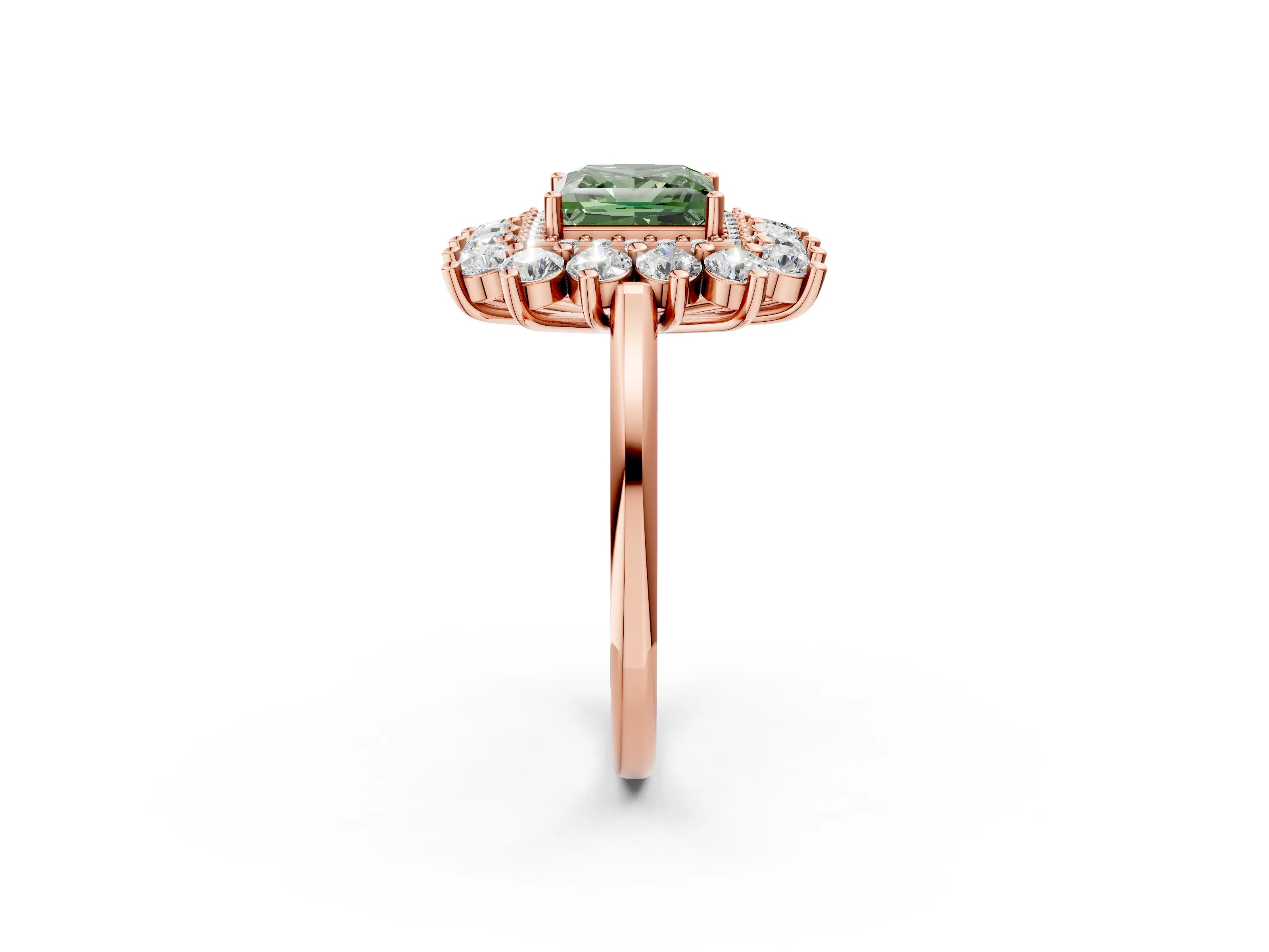 Rose gold Fancy Green Princess Cut Halo Cluster Diamond Ring with Pave Band and Four-Prong Setting_2