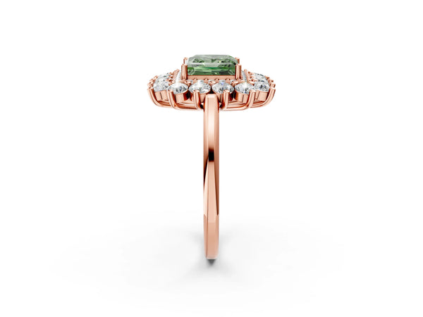 Rose gold Fancy Green Princess Cut Halo Cluster Diamond Ring with Pave Band and Four-Prong Setting